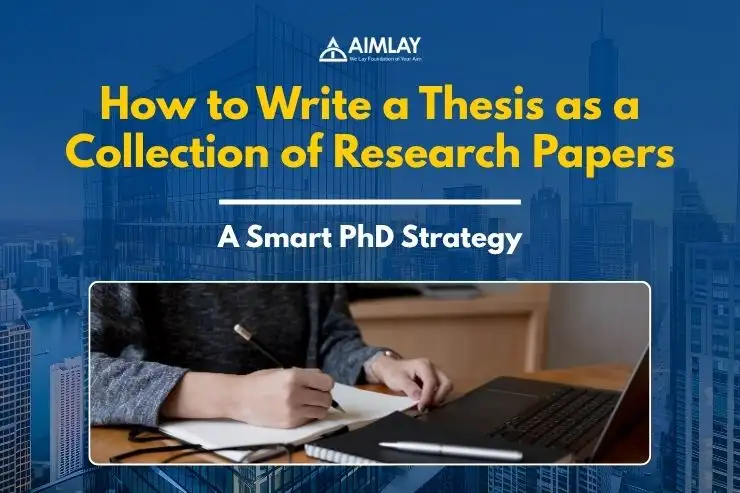 A person writing a thesis on a laptop with research papers